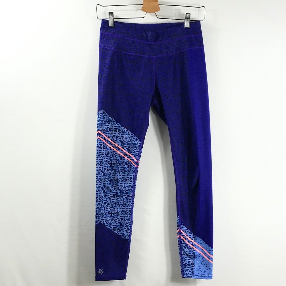 Athleta Leggings womens Small 4 Purple Blue Animal Print Back Zip Pocket Active